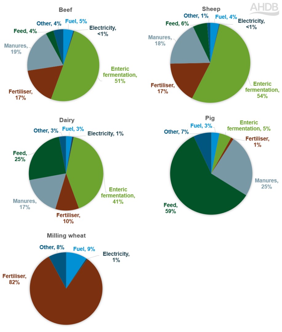 pie charts showing the sources of GHG emissions for beef, sheep, dairy, pig and wheat enterprises